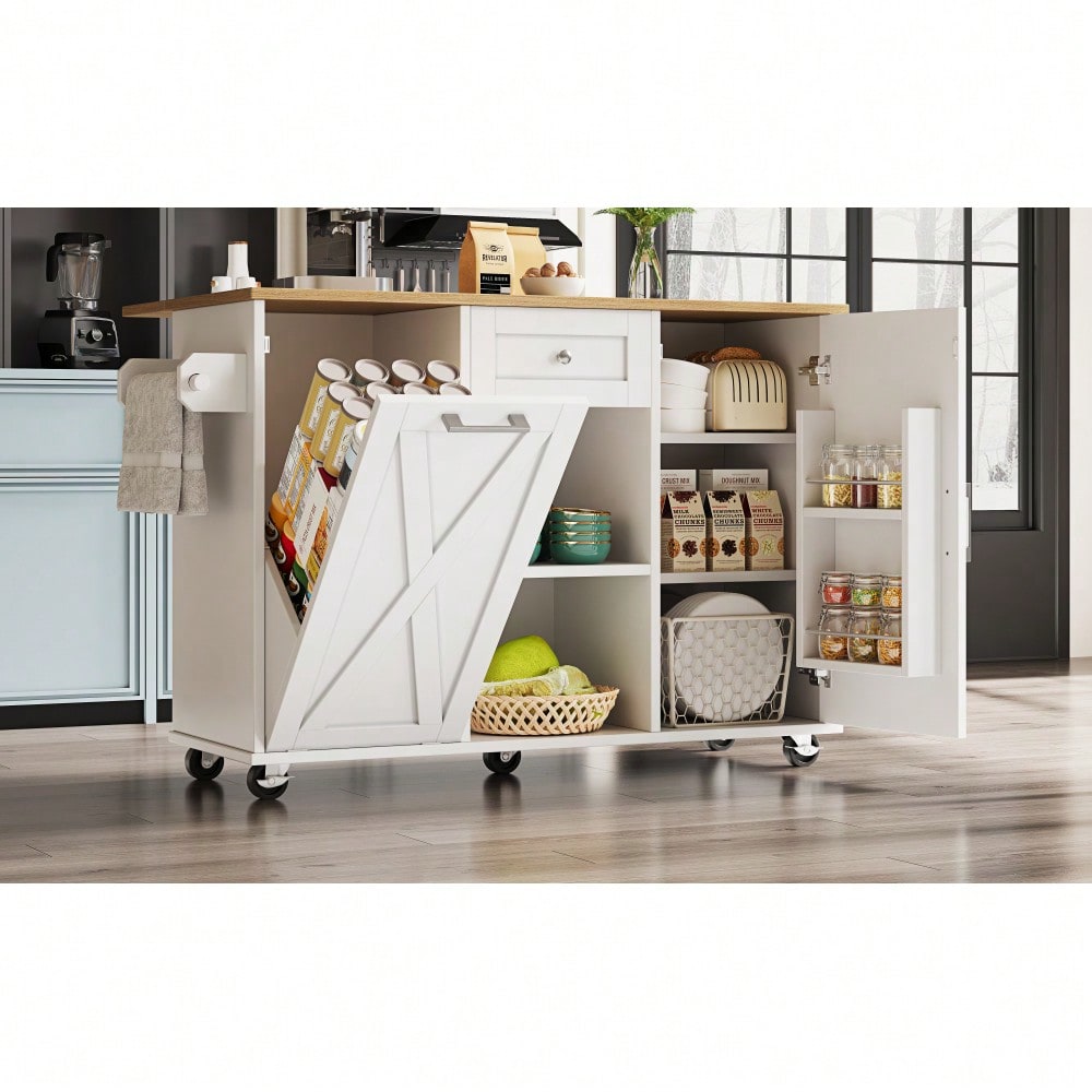 Moderne Kücheninsel, Küchenschrank für Mülleimer, buffetschrank, Multifunktionale Esstisch mit Speicherraum, Speisewagen mit Snackregalen und Stretchfunktionsschränken, weiß