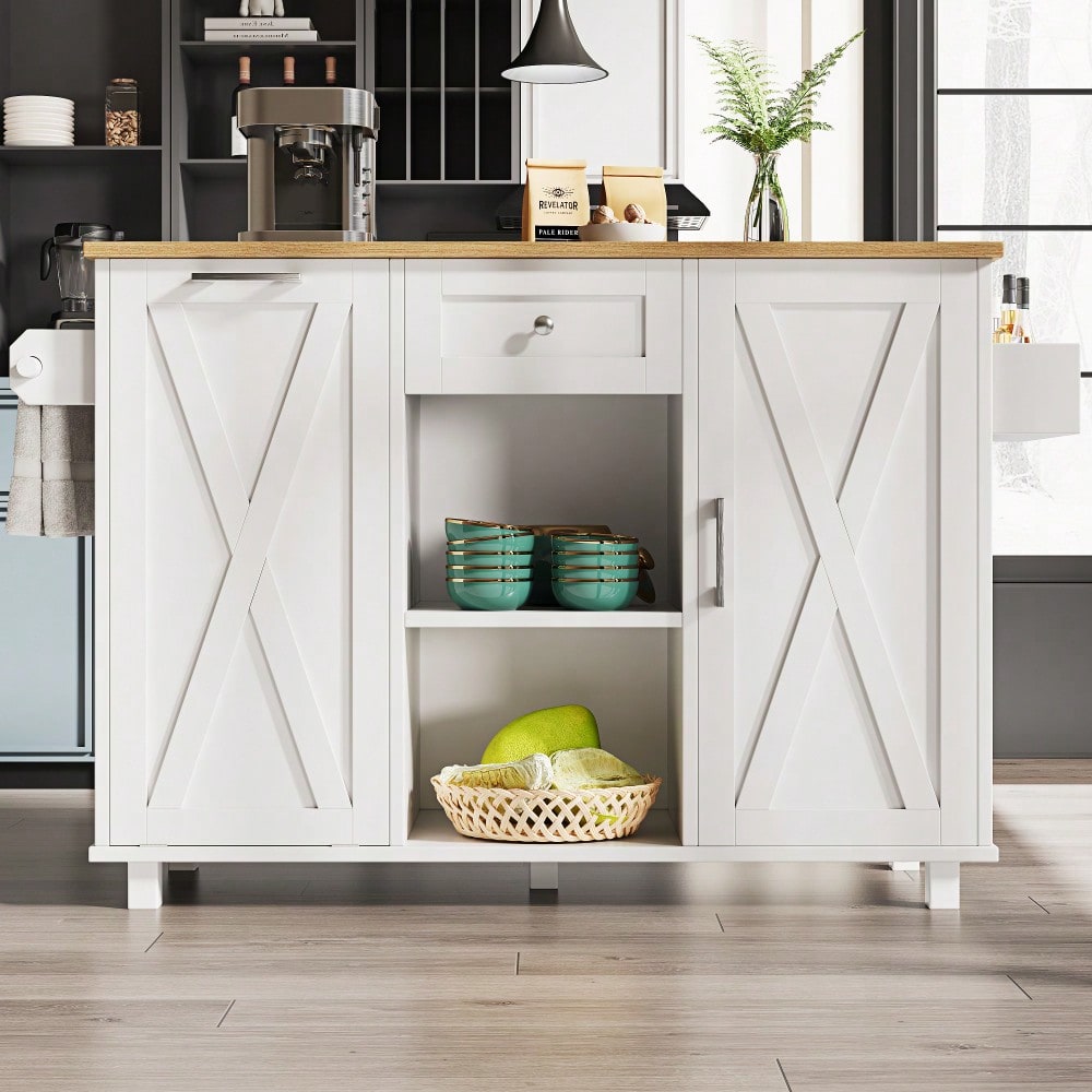 Moderne Kücheninsel, Küchenschrank für Mülleimer, buffetschrank, Multifunktionale Esstisch mit Speicherraum, Speisewagen mit Snackregalen und Stretchfunktionsschränken, weiß