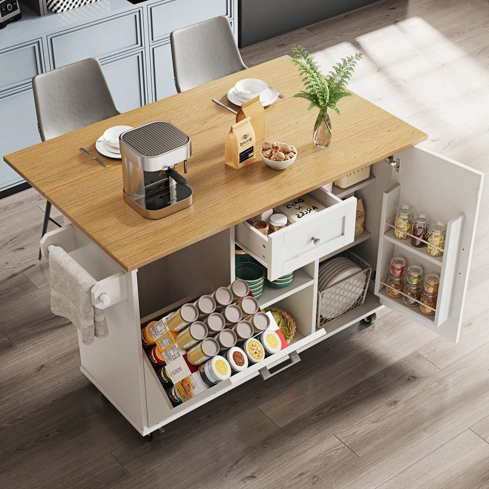 Moderne Kücheninsel, Küchenschrank für Mülleimer, buffetschrank, Multifunktionale Esstisch mit Speicherraum, Speisewagen mit Snackregalen und Stretchfunktionsschränken, weiß
