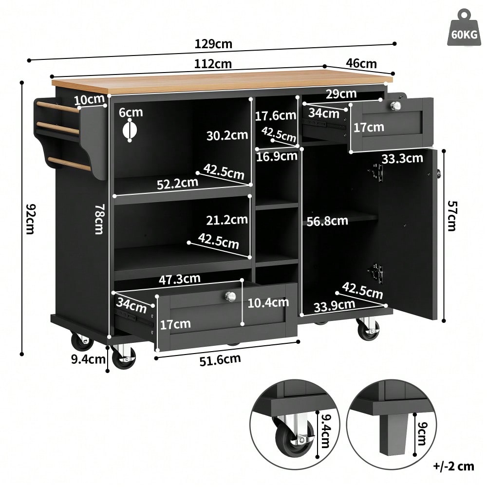 Esszimmerwagen (129 x 46 x 92 cm), moderner und einfacher schwarzer, beweglicher Küchen-Esswagen mit Schubladen und Lagerschränken, hellbraune Holzarbeitsplatte(previous sku:N620P19312829S)