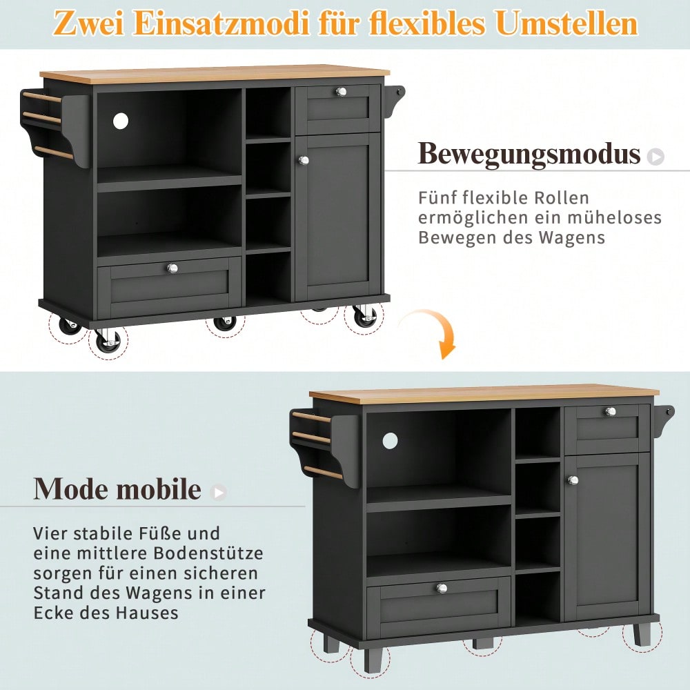 Esszimmerwagen (129 x 46 x 92 cm), moderner und einfacher schwarzer, beweglicher Küchen-Esswagen mit Schubladen und Lagerschränken, hellbraune Holzarbeitsplatte(previous sku:N620P19312829S)