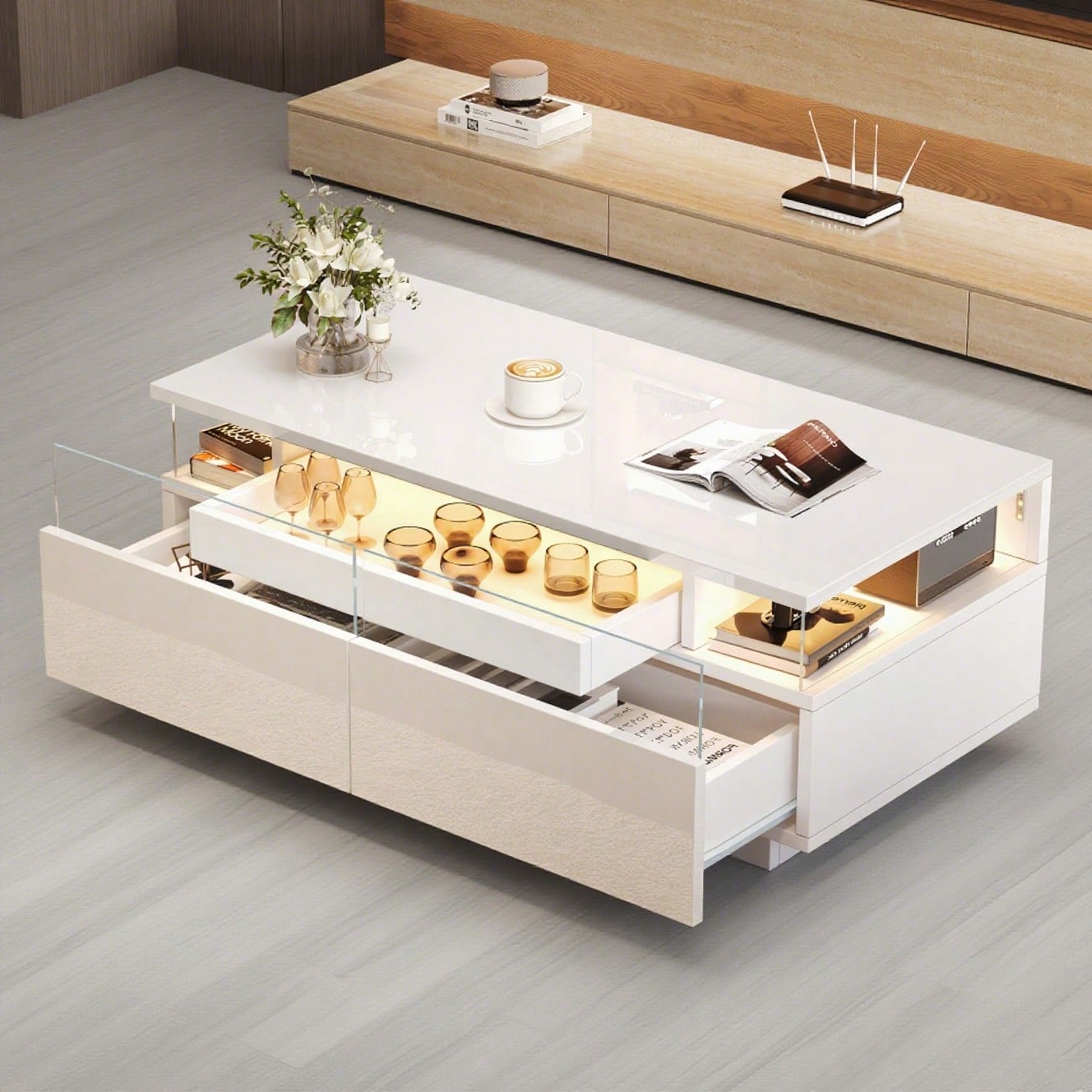 90 * 45 * 35.5 cm Couchtisch mit Tablett, Hochglanz-Couchtisch fürs Wohnzimmer, Sofatisch mit 2 Schubladen, tragender Beistelltisch aus gehärtetem Glas, kaffeetisch mit LED-Licht,Weiß