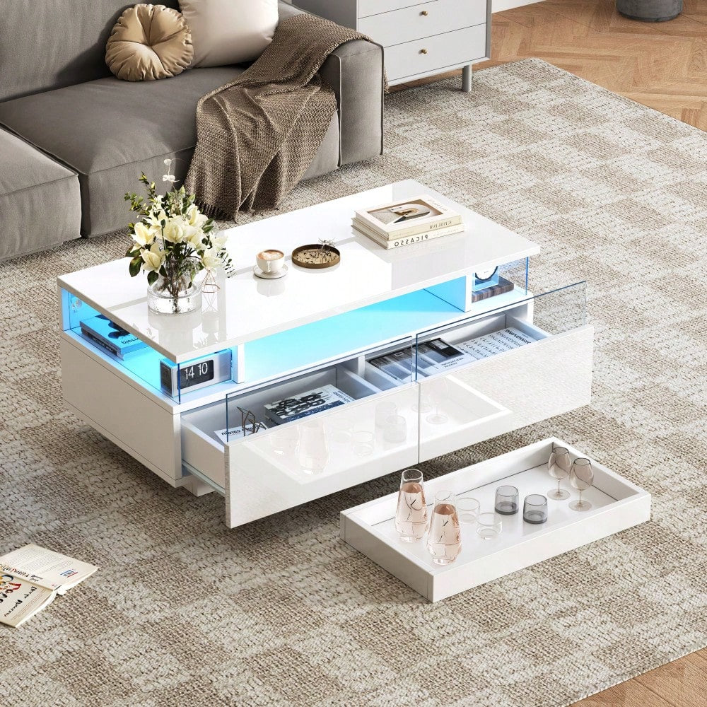 90 * 45 * 35.5 cm Couchtisch mit Tablett, Hochglanz-Couchtisch fürs Wohnzimmer, Sofatisch mit 2 Schubladen, tragender Beistelltisch aus gehärtetem Glas, kaffeetisch mit LED-Licht,Weiß