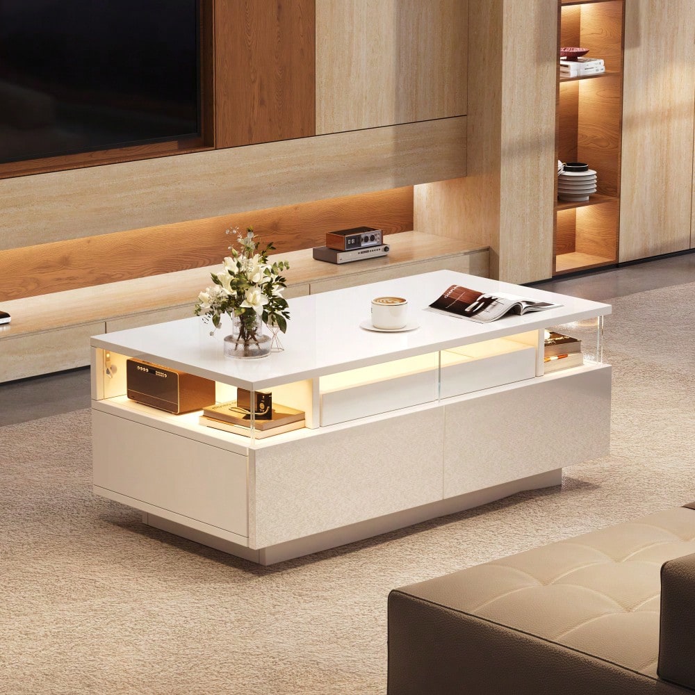 90 * 45 * 35.5 cm Couchtisch mit Tablett, Hochglanz-Couchtisch fürs Wohnzimmer, Sofatisch mit 2 Schubladen, tragender Beistelltisch aus gehärtetem Glas, kaffeetisch mit LED-Licht,Weiß