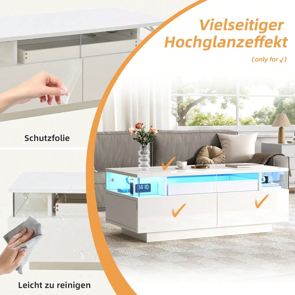 90 * 45 * 35.5 cm Couchtisch mit Tablett, Hochglanz-Couchtisch fürs Wohnzimmer, Sofatisch mit 2 Schubladen, tragender Beistelltisch aus gehärtetem Glas, kaffeetisch mit LED-Licht,Weiß