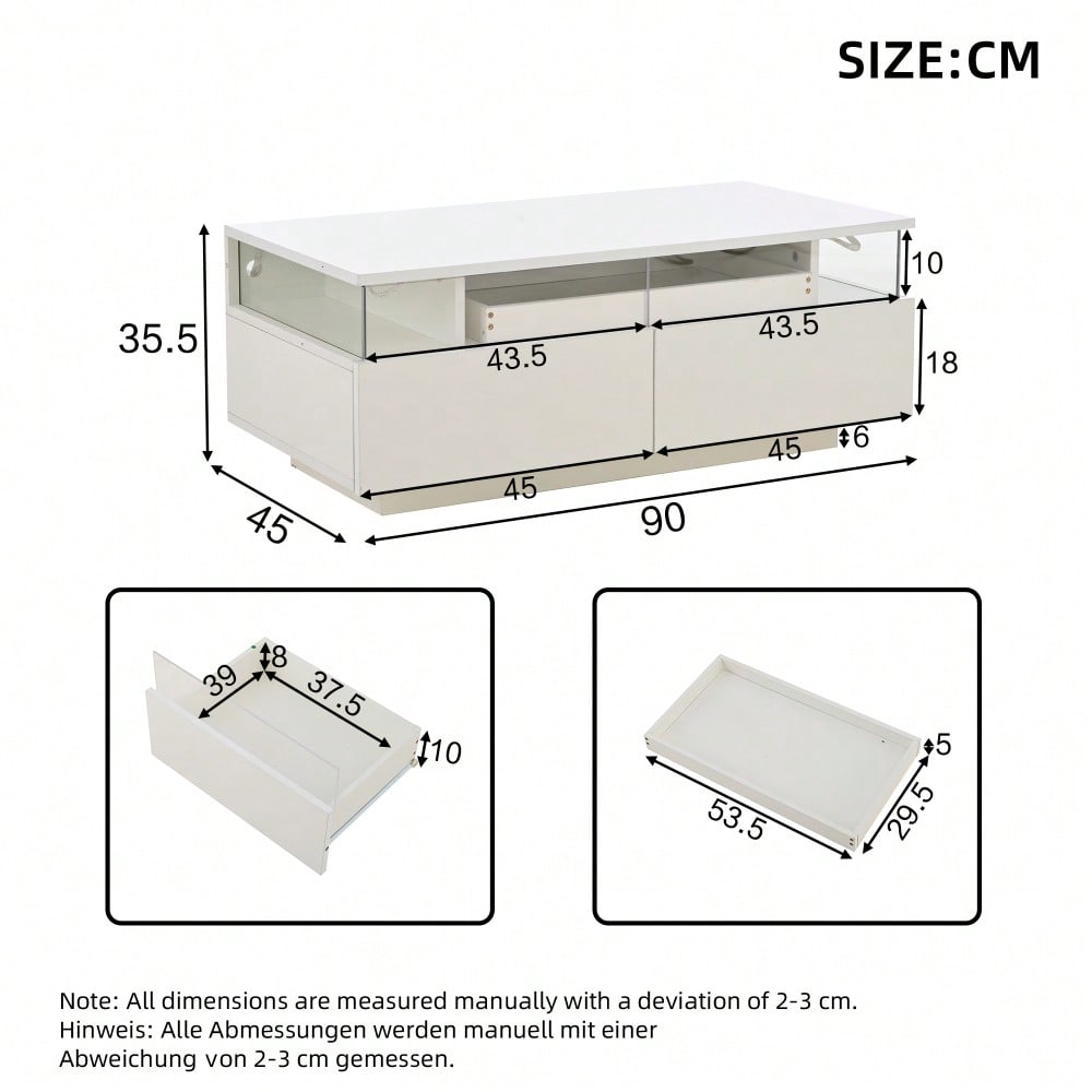 90 * 45 * 35.5 cm Couchtisch mit Tablett, Hochglanz-Couchtisch fürs Wohnzimmer, Sofatisch mit 2 Schubladen, tragender Beistelltisch aus gehärtetem Glas, kaffeetisch mit LED-Licht,Weiß