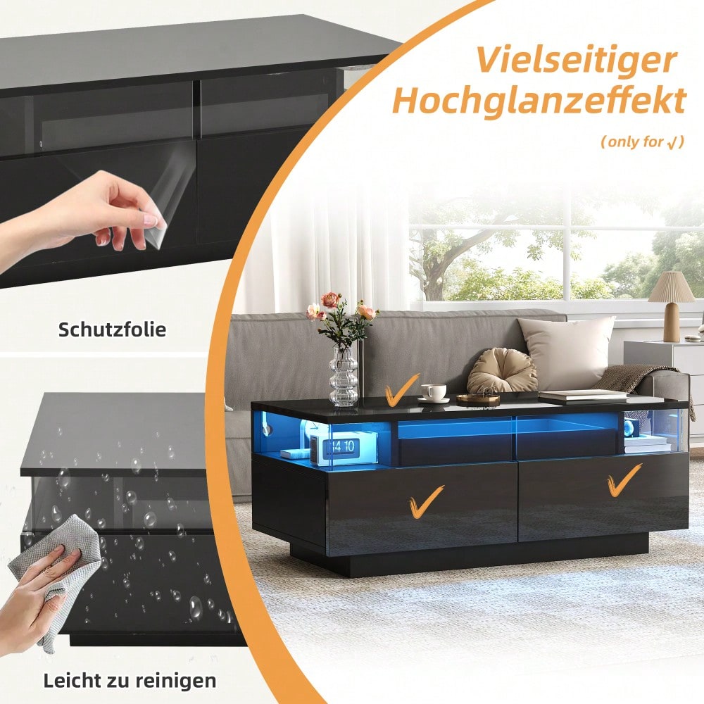 90 * 45 * 35.5 cm Couchtisch mit Tablett, Hochglanz-Couchtisch fürs Wohnzimmer, Sofatisch mit 2 Schubladen, tragender Beistelltisch aus gehärtetem Glas, kaffeetisch mit LED-Licht, Schwarz