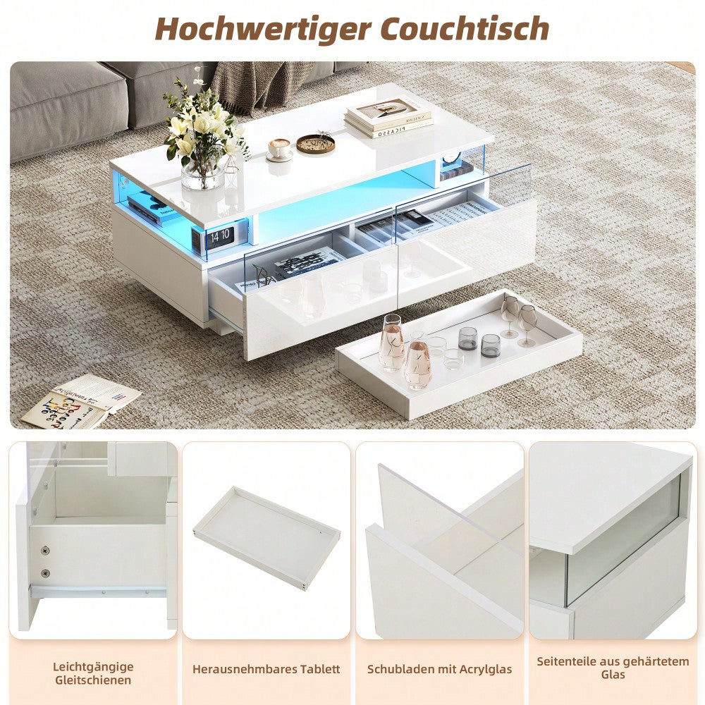 90 * 45 * 35.5 cm Couchtisch mit Tablett, Hochglanz-Couchtisch fürs Wohnzimmer, Sofatisch mit 2 Schubladen, tragender Beistelltisch aus gehärtetem Glas, kaffeetisch mit LED-Licht,Weiß