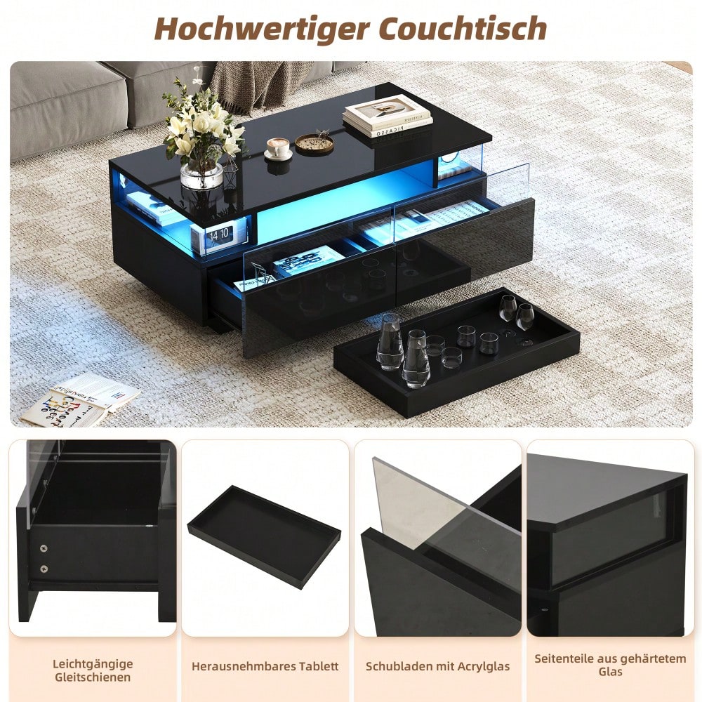 90 * 45 * 35.5 cm Couchtisch mit Tablett, Hochglanz-Couchtisch fürs Wohnzimmer, Sofatisch mit 2 Schubladen, tragender Beistelltisch aus gehärtetem Glas, kaffeetisch mit LED-Licht, Schwarz