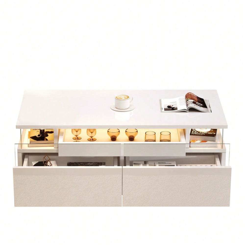 90 * 45 * 35.5 cm Couchtisch mit Tablett, Hochglanz-Couchtisch fürs Wohnzimmer, Sofatisch mit 2 Schubladen, tragender Beistelltisch aus gehärtetem Glas, kaffeetisch mit LED-Licht,Weiß