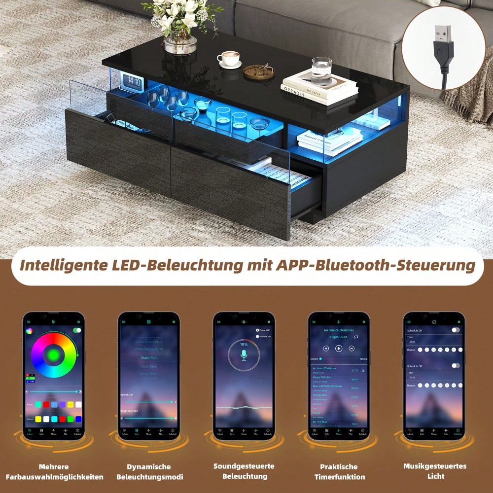 90 * 45 * 35.5 cm Couchtisch mit Tablett, Hochglanz-Couchtisch fürs Wohnzimmer, Sofatisch mit 2 Schubladen, tragender Beistelltisch aus gehärtetem Glas, kaffeetisch mit LED-Licht, Schwarz