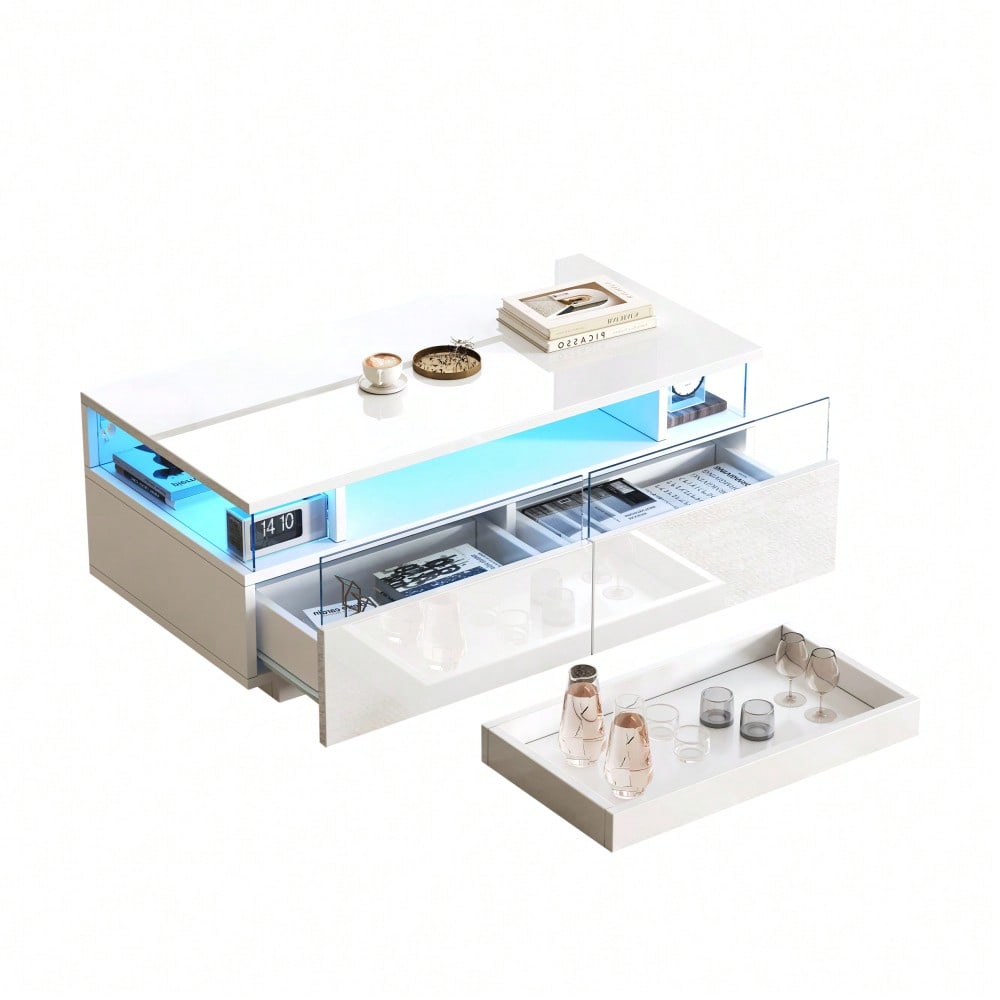90 * 45 * 35.5 cm Couchtisch mit Tablett, Hochglanz-Couchtisch fürs Wohnzimmer, Sofatisch mit 2 Schubladen, tragender Beistelltisch aus gehärtetem Glas, kaffeetisch mit LED-Licht,Weiß