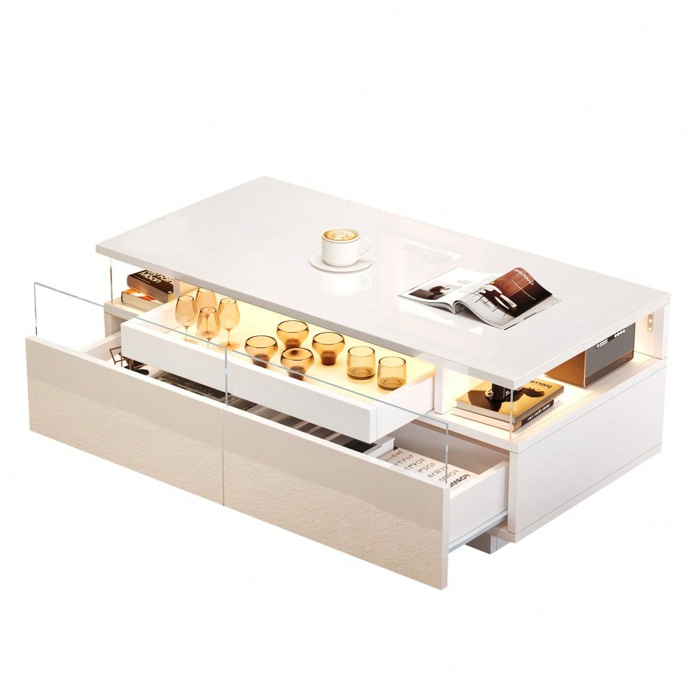 90 * 45 * 35.5 cm Couchtisch mit Tablett, Hochglanz-Couchtisch fürs Wohnzimmer, Sofatisch mit 2 Schubladen, tragender Beistelltisch aus gehärtetem Glas, kaffeetisch mit LED-Licht,Weiß