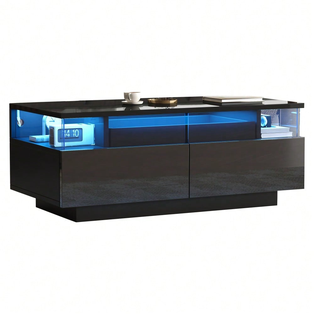 90 * 45 * 35.5 cm Couchtisch mit Tablett, Hochglanz-Couchtisch fürs Wohnzimmer, Sofatisch mit 2 Schubladen, tragender Beistelltisch aus gehärtetem Glas, kaffeetisch mit LED-Licht, Schwarz