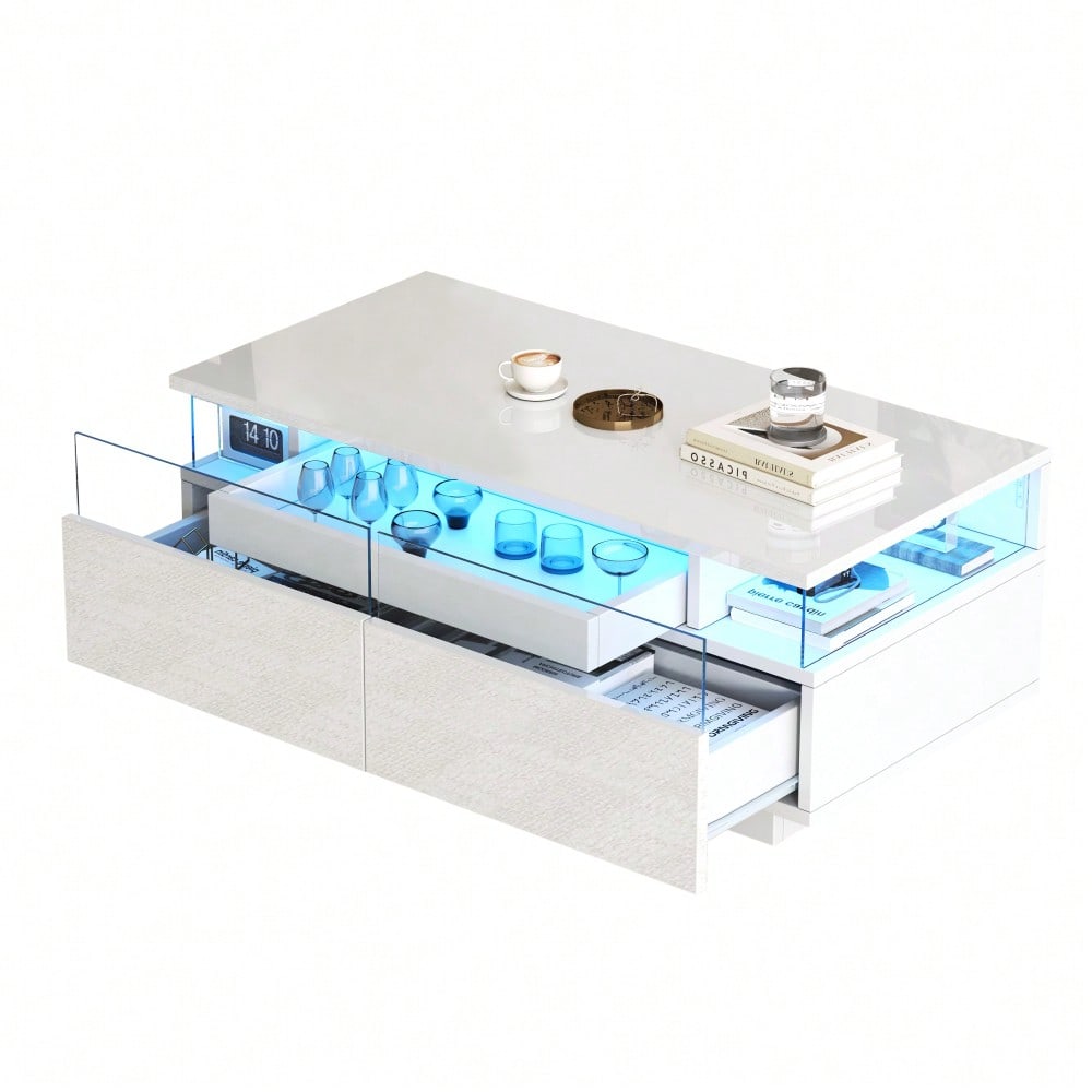 90 * 45 * 35.5 cm Couchtisch mit Tablett, Hochglanz-Couchtisch fürs Wohnzimmer, Sofatisch mit 2 Schubladen, tragender Beistelltisch aus gehärtetem Glas, kaffeetisch mit LED-Licht,Weiß