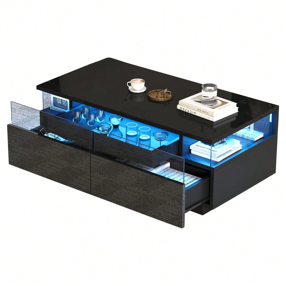 90 * 45 * 35.5 cm Couchtisch mit Tablett, Hochglanz-Couchtisch fürs Wohnzimmer, Sofatisch mit 2 Schubladen, tragender Beistelltisch aus gehärtetem Glas, kaffeetisch mit LED-Licht, Schwarz