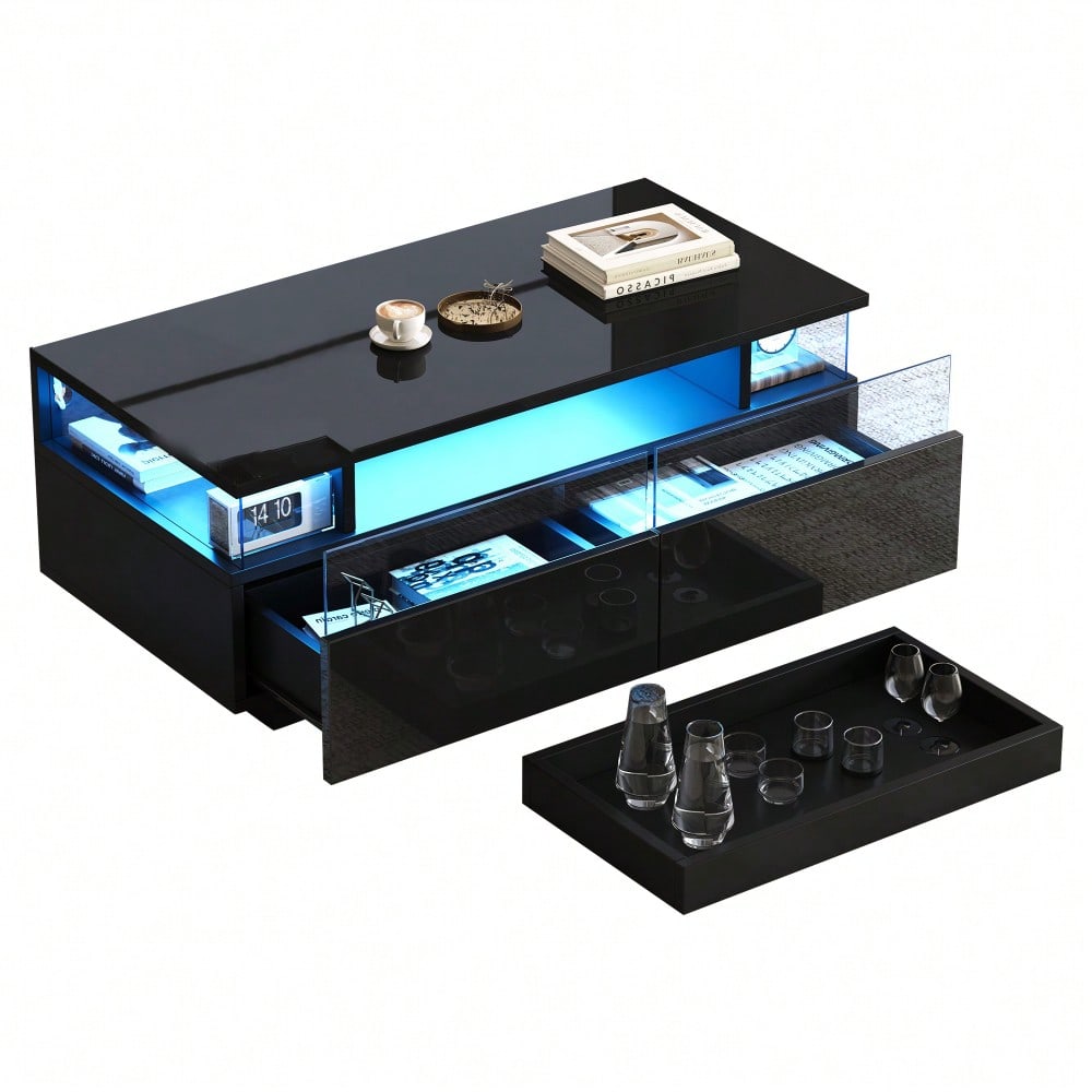 90 * 45 * 35.5 cm Couchtisch mit Tablett, Hochglanz-Couchtisch fürs Wohnzimmer, Sofatisch mit 2 Schubladen, tragender Beistelltisch aus gehärtetem Glas, kaffeetisch mit LED-Licht, Schwarz