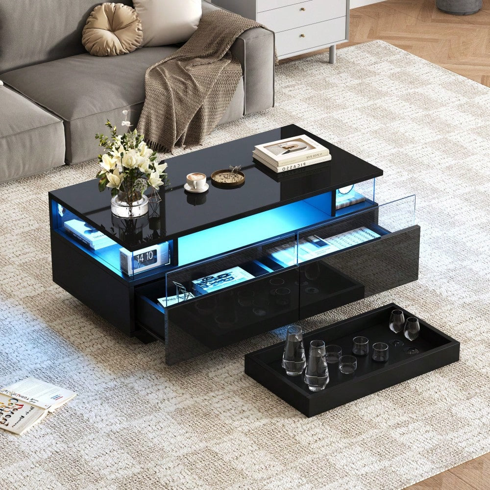 90 * 45 * 35.5 cm Couchtisch mit Tablett, Hochglanz-Couchtisch fürs Wohnzimmer, Sofatisch mit 2 Schubladen, tragender Beistelltisch aus gehärtetem Glas, kaffeetisch mit LED-Licht, Schwarz