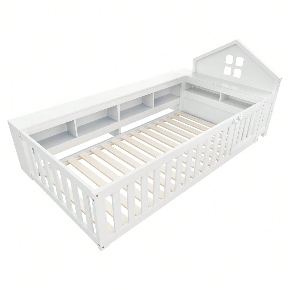 Kinderbett 90 x 200 cm, Mit Dachleiste und Fenster, Mit Staufach zur Aufbewahrung, Mit Sicherheitsgitter und Tür, Rundum-Sicherheitsschutz, Massivholzbett mit Lattenrost, Einzelbett, Weiß