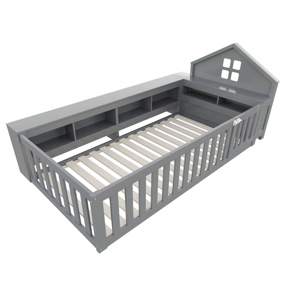 Kinderbett 90 x 200 cm, Mit Dachleiste und Fenster, Mit Staufach zur Aufbewahrung, Mit Sicherheitsgitter und Tür, Rundum-Sicherheitsschutz, Massivholzbett mit Lattenrost, Einzelbett, Grau