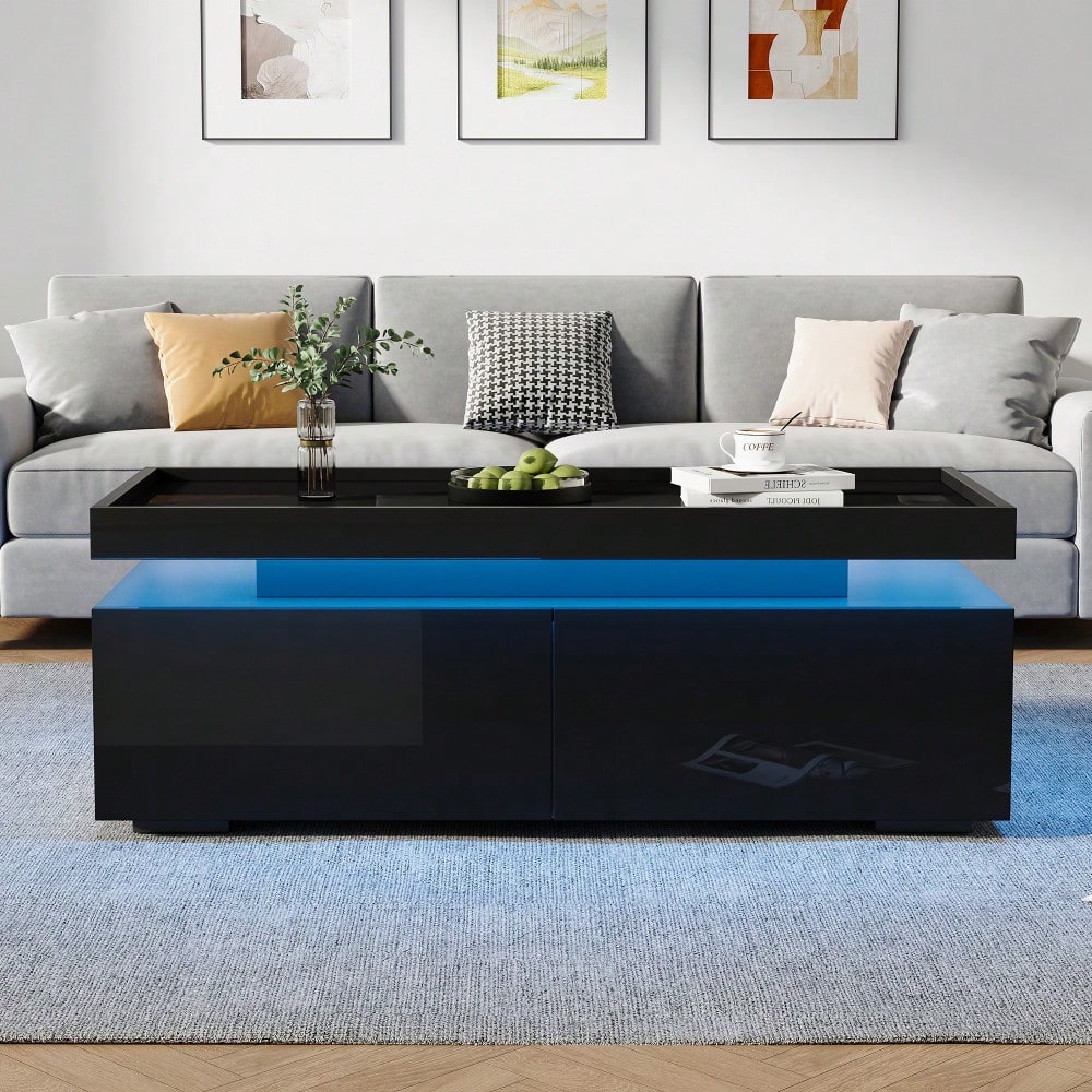 95*45*35cm Couchtisch,Wohnzimmertisch mit LED, kaffeetisch mit 2 Schubladen, Hochglanz Sofatisch,moderner minimalistischer Tisch,Beistelltisch mit geometrischem Design,Schwarz