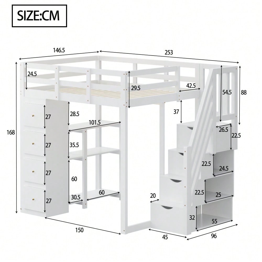 Hochbett 140*200cm mit Aufbewahrungsschublade Kommode mit Regalen, Sicherheits-Kletterleiter mit Aufbewahrungsschubladen, Multifunktionales Massivholzbett Weiß Die alte SKU lautet LDB00278AAK