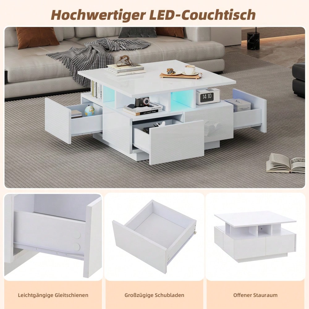 70*70*40cm wohnzimmer teetisch, hochglanz kaffeetisch, Couchtisch mit LED licht, sofatisch mit 4 schubladen,Beistelltisch mit geometrische Design, Weiß, Gesamttragkraft 30kg