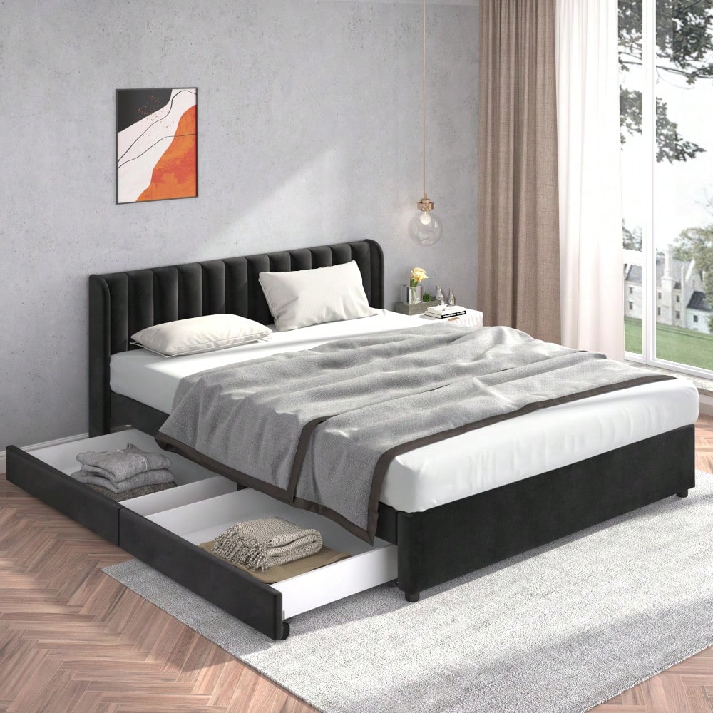 Polsterbett 180 x 200 cm Samt Mit Lattenrost Rückenlehne 2 Schubladen, Schwarz(OLD SKU:29985253AAS)