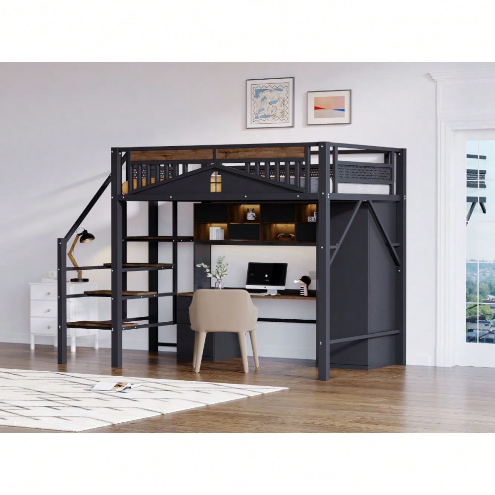 Metall-Hochbett 140 x 200 cm, Einzigartige Gehäuseform mit Fensterdesign, Mit Sicherheitsleiter, Viel Stauraum Unter Dem Bett, Schwarz