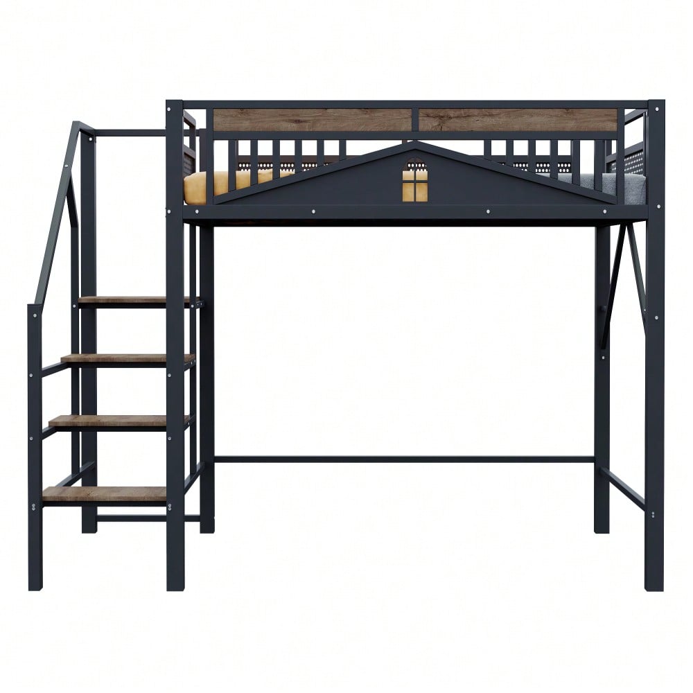 Metall-Hochbett 140 x 200 cm, Einzigartige Gehäuseform mit Fensterdesign, Mit Sicherheitsleiter, Viel Stauraum Unter Dem Bett, Schwarz