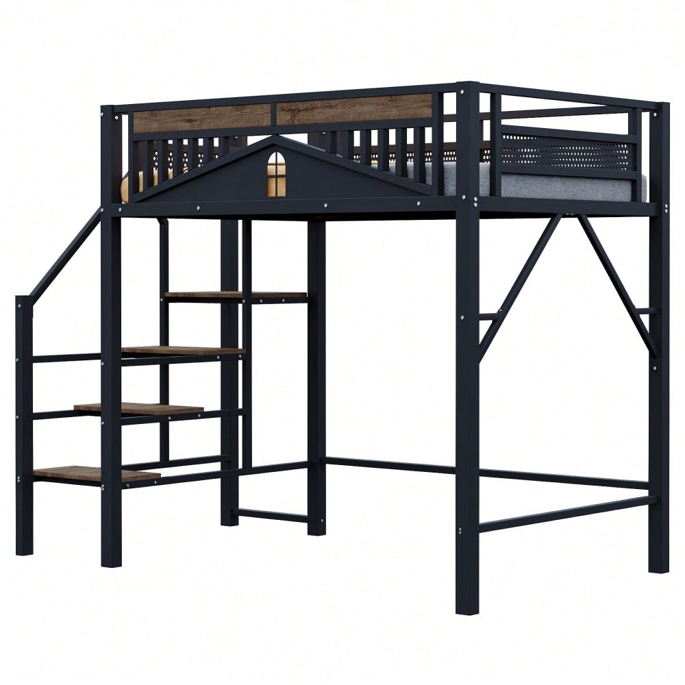 Metall-Hochbett 140 x 200 cm, Einzigartige Gehäuseform mit Fensterdesign, Mit Sicherheitsleiter, Viel Stauraum Unter Dem Bett, Schwarz