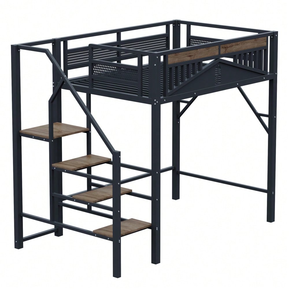 Metall-Hochbett 140 x 200 cm, Einzigartige Gehäuseform mit Fensterdesign, Mit Sicherheitsleiter, Viel Stauraum Unter Dem Bett, Schwarz