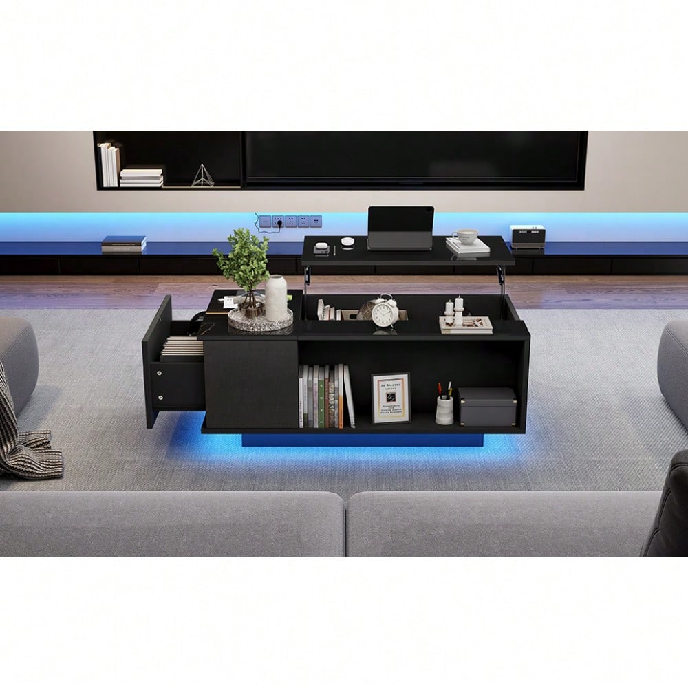 100*50*40cm Couchtisch Höhenverstellbarer Kaffeetisch mit Verstecktem Stauraum, Beistelltisch Mit LED-Licht , Wohnzimmertisch Mit Schublade, Tisch, Sofatisch,Schwarz