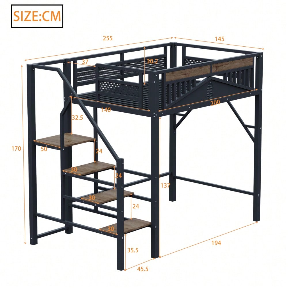 Metall-Hochbett 140 x 200 cm, Einzigartige Gehäuseform mit Fensterdesign, Mit Sicherheitsleiter, Viel Stauraum Unter Dem Bett, Schwarz