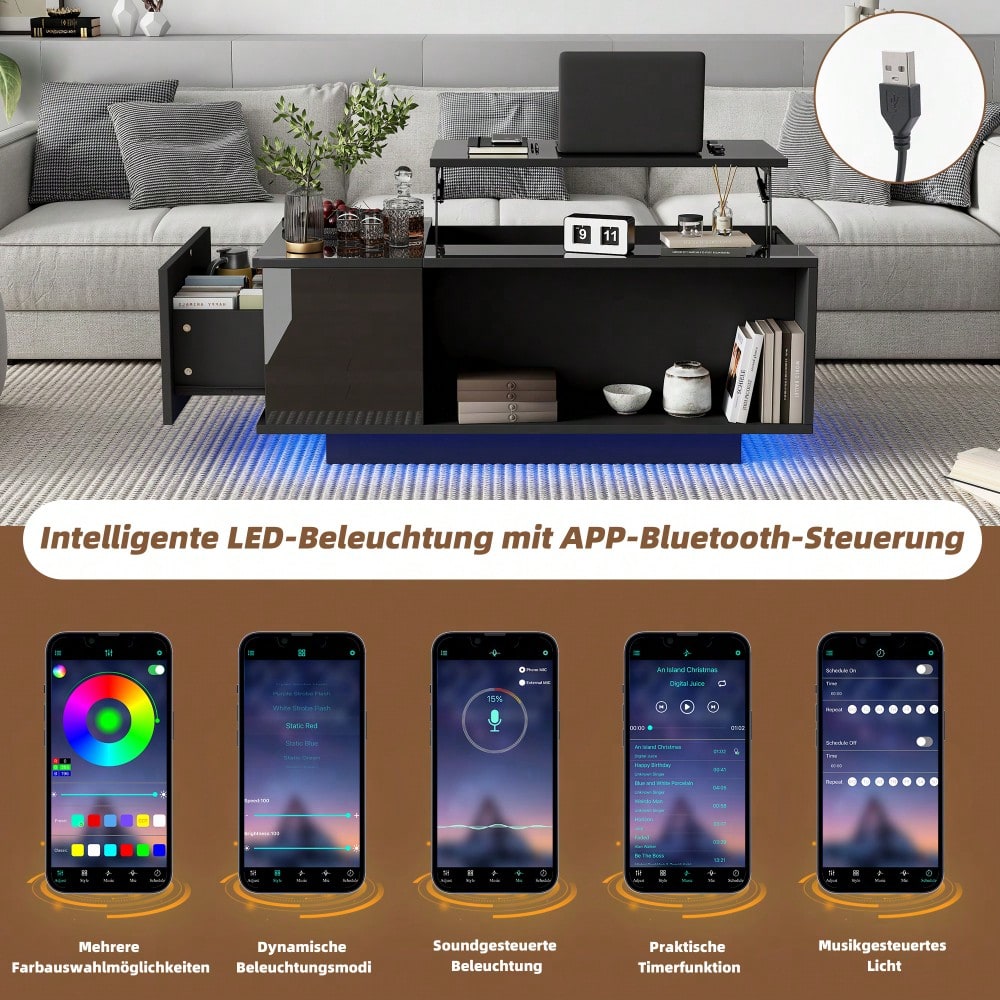 100*50*40cm Couchtisch Höhenverstellbarer Kaffeetisch mit Verstecktem Stauraum, Beistelltisch Mit LED-Licht , Wohnzimmertisch Mit Schublade, Tisch, Sofatisch,Schwarz