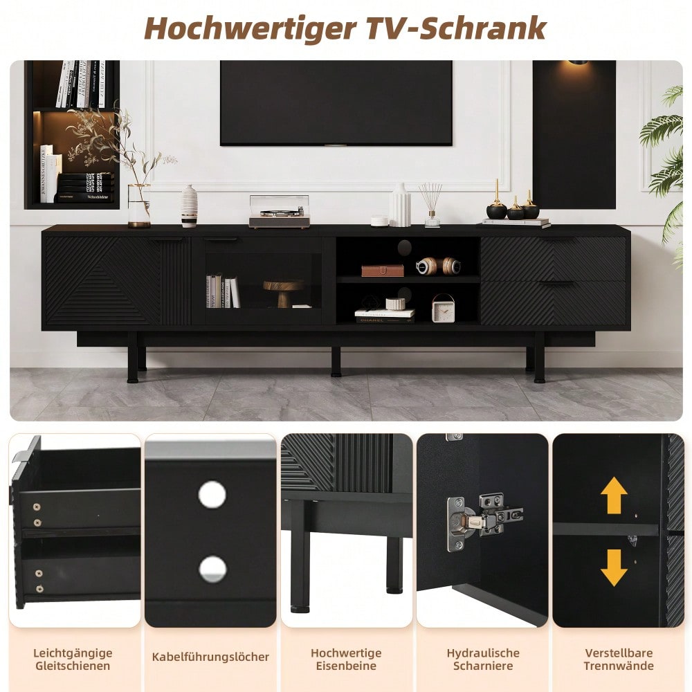 200*40*50.5 cm moderner einfacher Fernsehschrank, Lowboard Mit 2 Türen und 2 Schubladen,TV-Ständer mit großem Stauraum,Wohnraumschrank mit Gesamttragkraft von 45kg,Geeignet für 80-Zoll, Schwarz