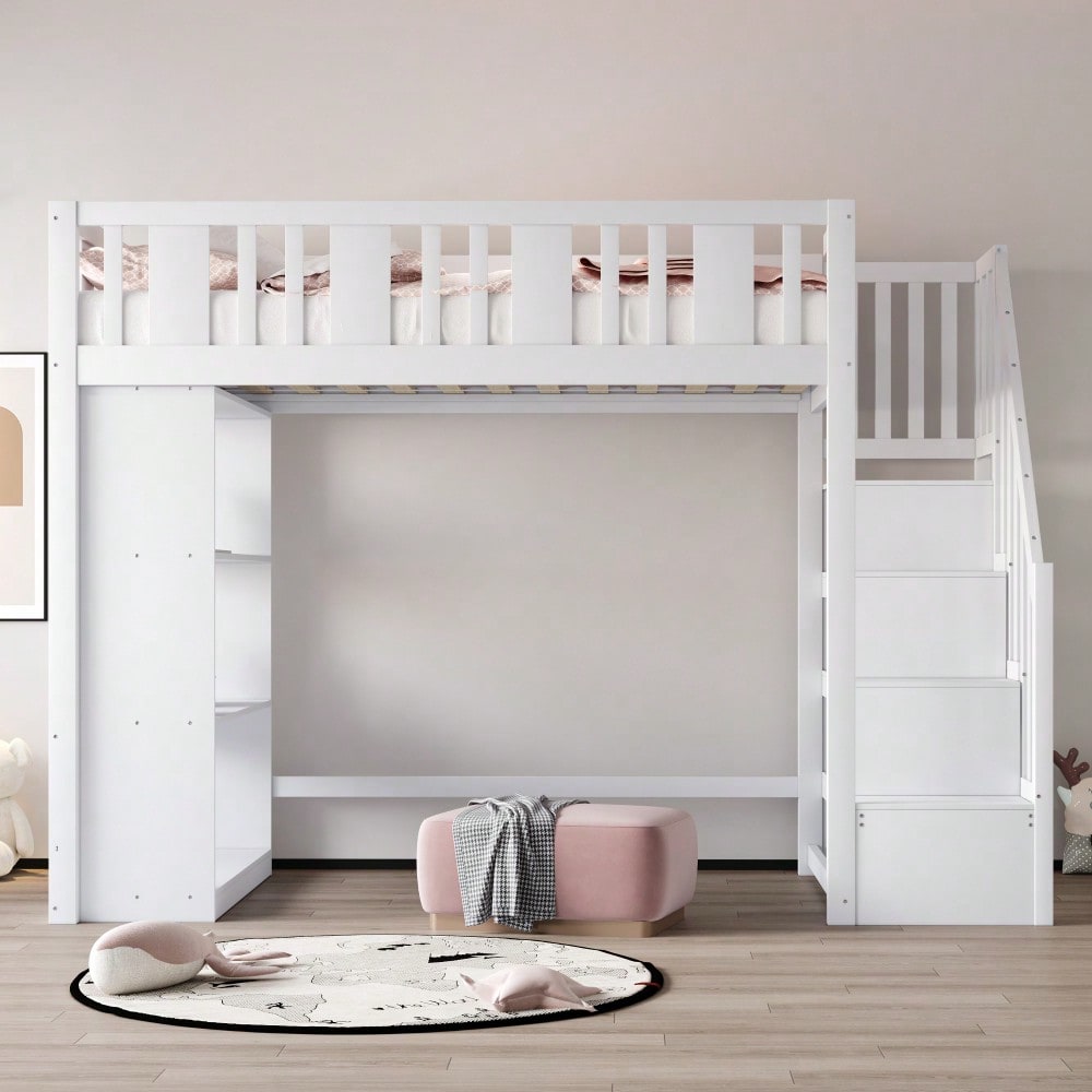 Hochbett 90 x 200 cm, Kinderbett mit Stauraumtreppe, Hochbett mit mehreren großen Staufächern, Funktionsbett, Kinderbett, Jugendbett, Holzbett, Weiß (ohne Matratze)