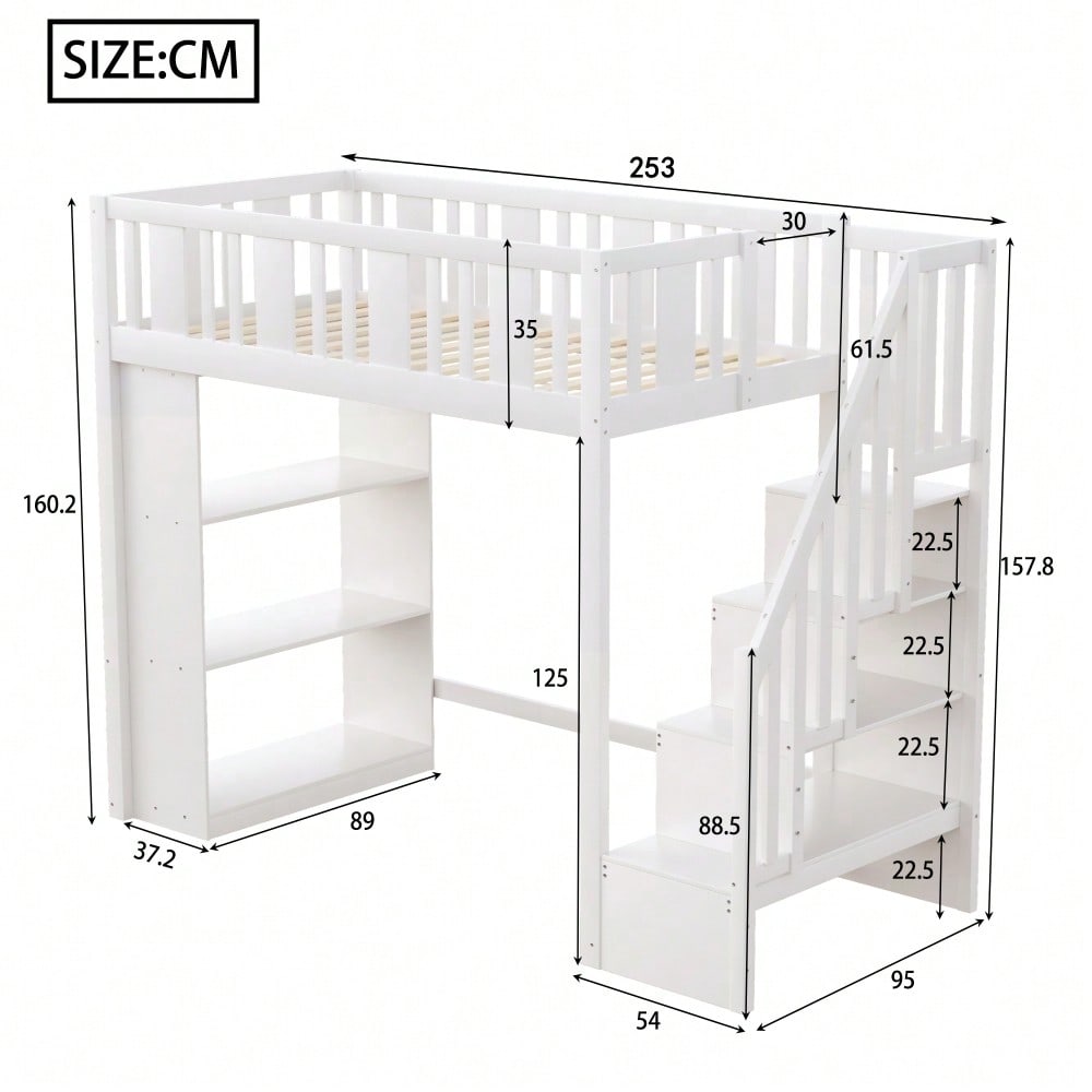 Hochbett 90 x 200 cm, Kinderbett mit Stauraumtreppe, Hochbett mit mehreren großen Staufächern, Funktionsbett, Kinderbett, Jugendbett, Holzbett, Weiß (ohne Matratze)