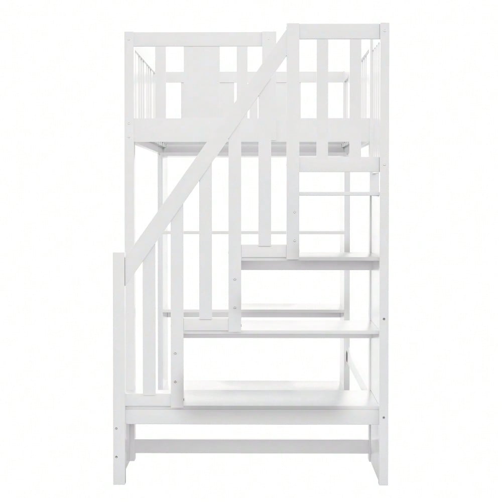 Hochbett 90 x 200 cm, Kinderbett mit Stauraumtreppe, Hochbett mit mehreren großen Staufächern, Funktionsbett, Kinderbett, Jugendbett, Holzbett, Weiß (ohne Matratze)