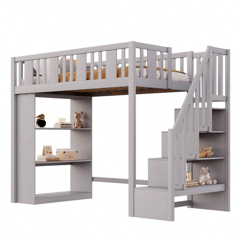 Hochbett 90 x 200 cm, Kinderbett mit Stauraumtreppe, Hochbett mit mehreren großen Staufächern, Funktionsbett, Kinderbett, Jugendbett, Holzbett, Grau (ohne Matratze)
