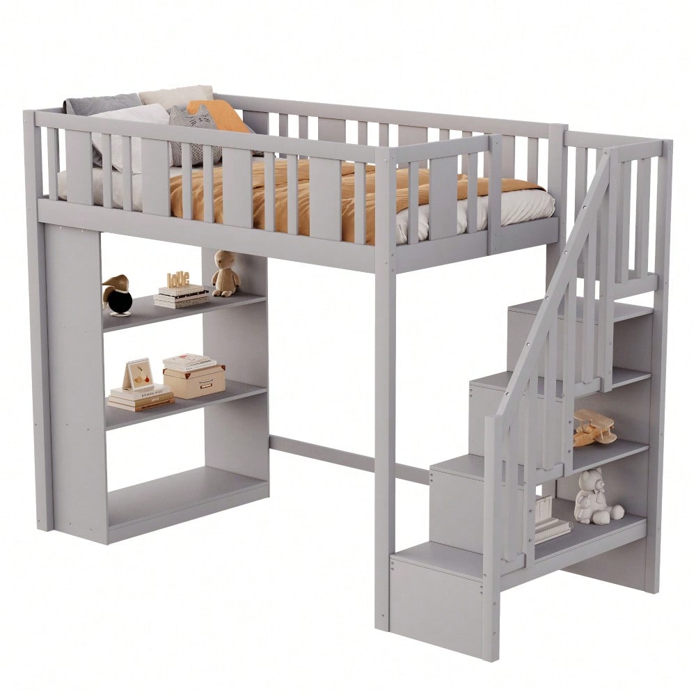 Hochbett 90 x 200 cm, Kinderbett mit Stauraumtreppe, Hochbett mit mehreren großen Staufächern, Funktionsbett, Kinderbett, Jugendbett, Holzbett, Grau (ohne Matratze)