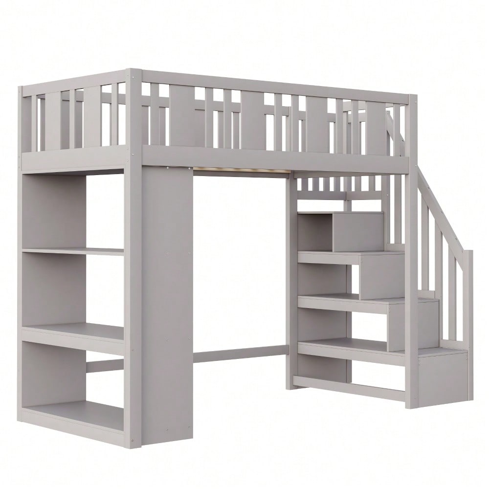 Hochbett 90 x 200 cm, Kinderbett mit Stauraumtreppe, Hochbett mit mehreren großen Staufächern, Funktionsbett, Kinderbett, Jugendbett, Holzbett, Grau (ohne Matratze)