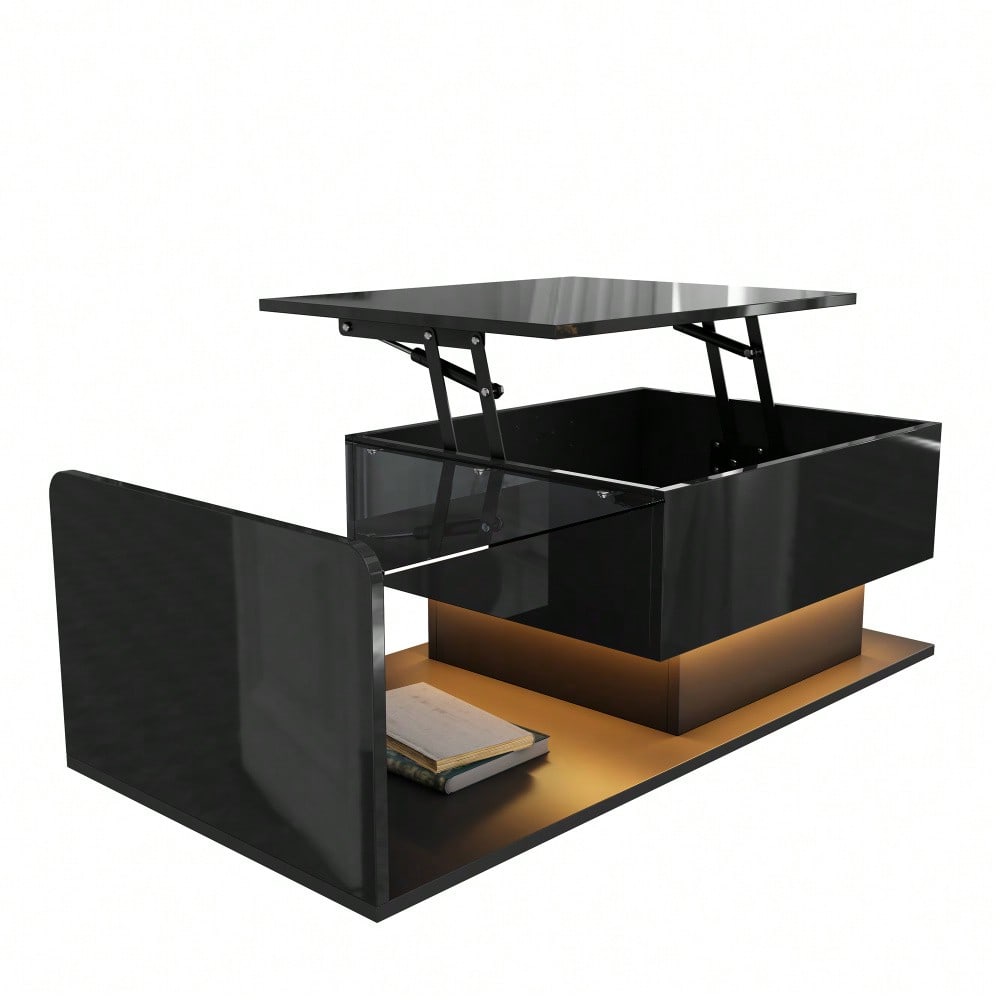 Couchtisch, Hochglanz Schwarz, Beistelltisch, Couchtisch mit Glas und LED-Effekt, mit Glasplatte