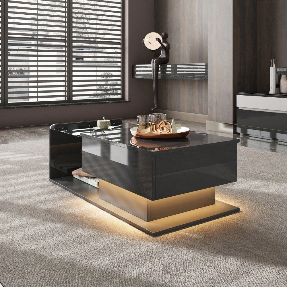 Couchtisch, Hochglanz Schwarz, Beistelltisch, Couchtisch mit Glas und LED-Effekt, mit Glasplatte