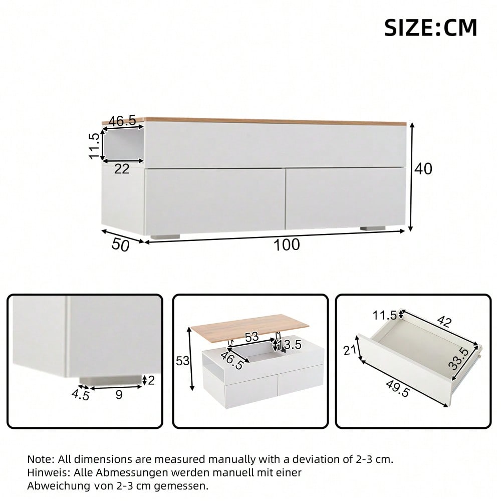 100*50*40cm couchtisch Höhenverstellbarer Kaffeetisch mit Verstecktem Stauraum, wohnzimmertisch mit 2 schubladen,Sofatisch mit halboffenem Stauraum, Beistelltisch in Weiß + Holzfarbe