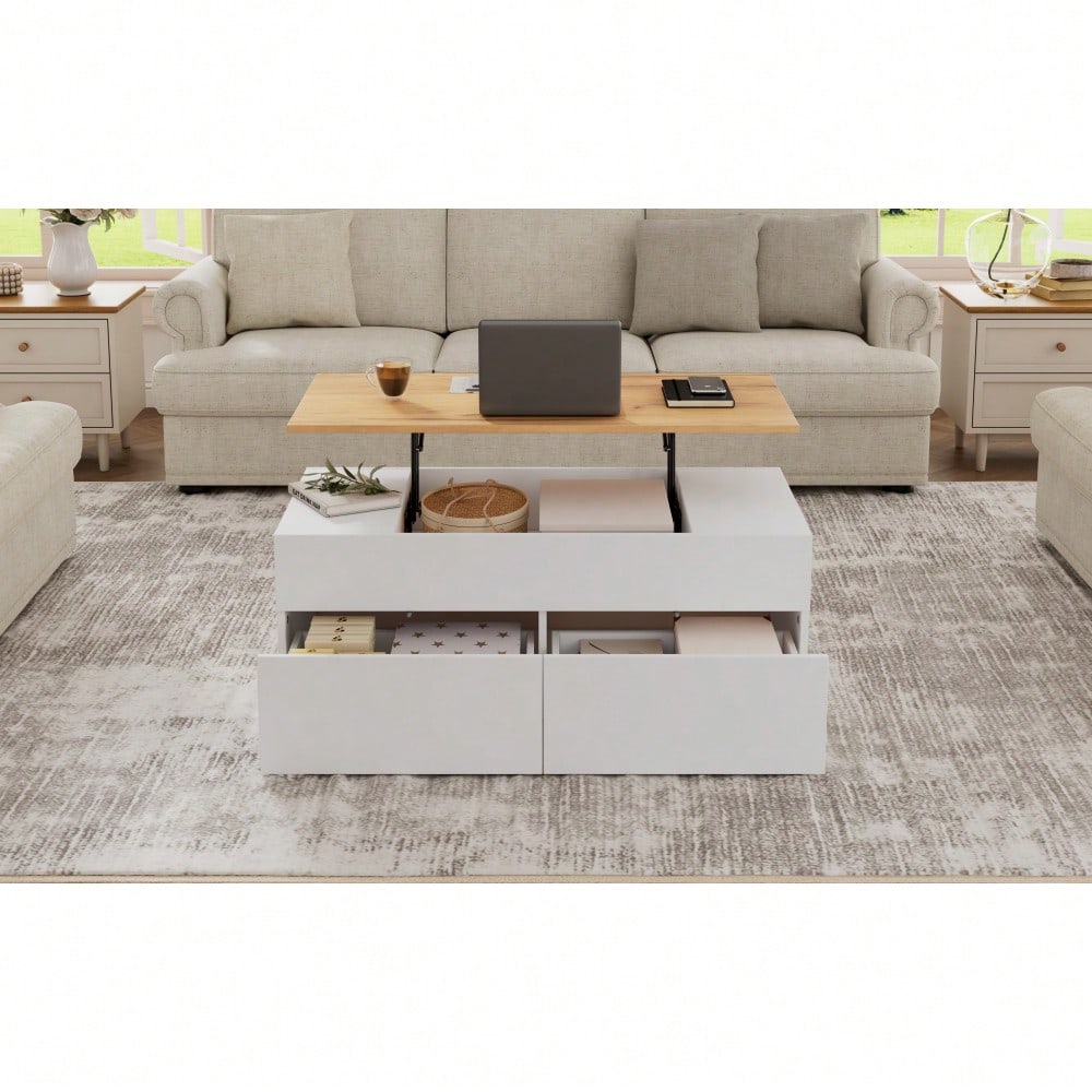 100*50*40cm couchtisch Höhenverstellbarer Kaffeetisch mit Verstecktem Stauraum, wohnzimmertisch mit 2 schubladen,Sofatisch mit halboffenem Stauraum, Beistelltisch in Weiß + Holzfarbe