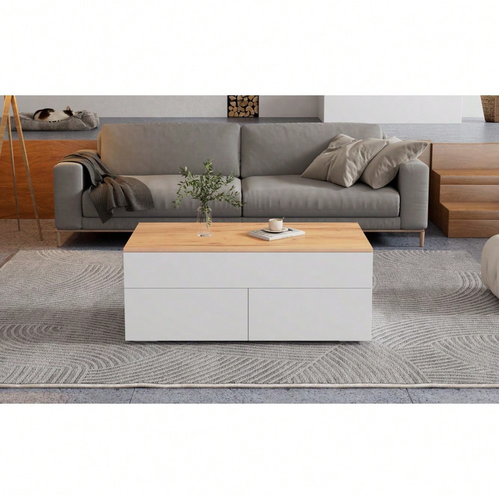 100*50*40cm couchtisch Höhenverstellbarer Kaffeetisch mit Verstecktem Stauraum, wohnzimmertisch mit 2 schubladen,Sofatisch mit halboffenem Stauraum, Beistelltisch in Weiß + Holzfarbe
