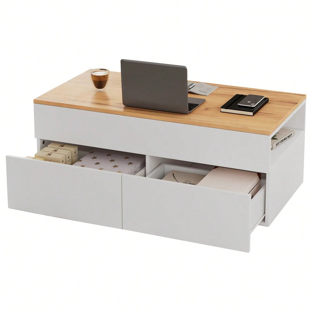 100*50*40cm couchtisch Höhenverstellbarer Kaffeetisch mit Verstecktem Stauraum, wohnzimmertisch mit 2 schubladen,Sofatisch mit halboffenem Stauraum, Beistelltisch in Weiß + Holzfarbe