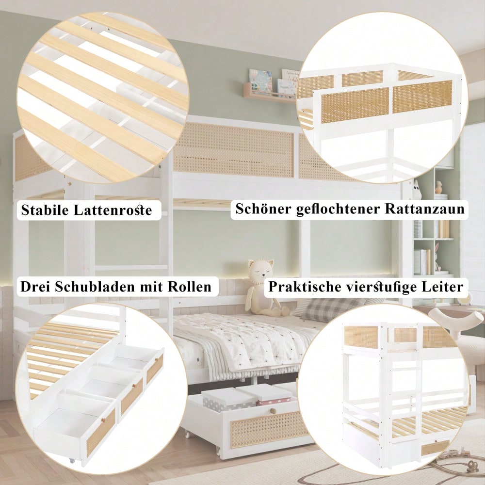 Etagenbett, Kinderbett, Schöner geflochtener Rattanzaun, Drei Schubladen mit Rollen, Stabile Lattenroste, Mit Sichere Bettgitter, Kiefer + MDF + Sperrholz, Weiß+Natur, 90x200cm