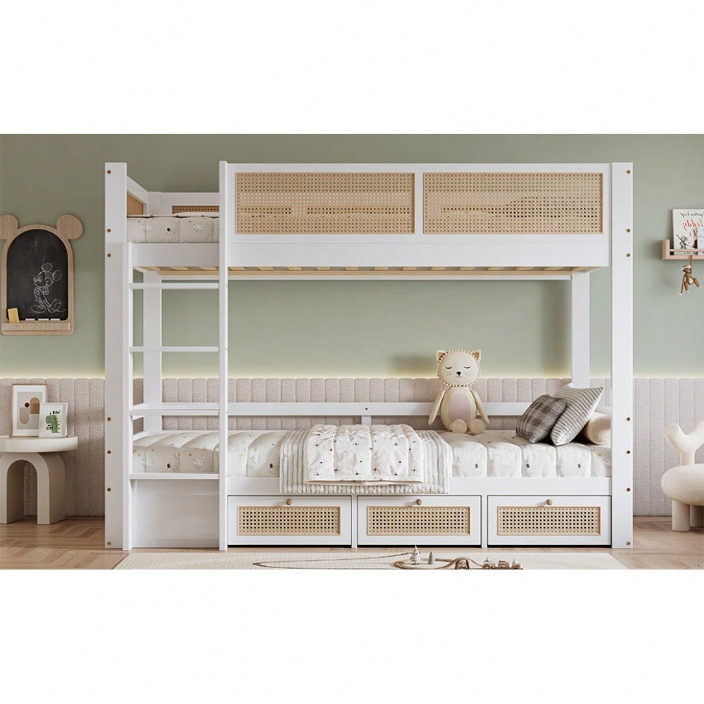 Etagenbett, Kinderbett, Schöner geflochtener Rattanzaun, Drei Schubladen mit Rollen, Stabile Lattenroste, Mit Sichere Bettgitter, Kiefer + MDF + Sperrholz, Weiß+Natur, 90x200cm